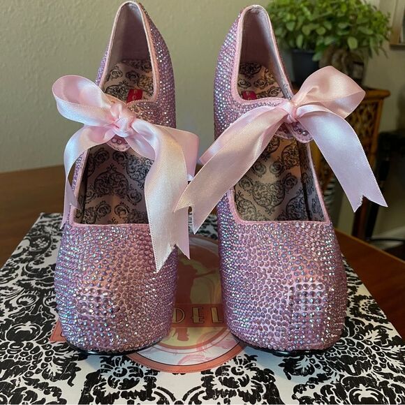 NIB Bordello Teeze-04R Uktra High Stiletto Rhinestone Heels Baby Pink Size 7 - Picture 6 of 12